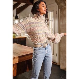 Free People Popsicle Pullover Crop Rainbow Turtleneck Sweater NWT Size Large